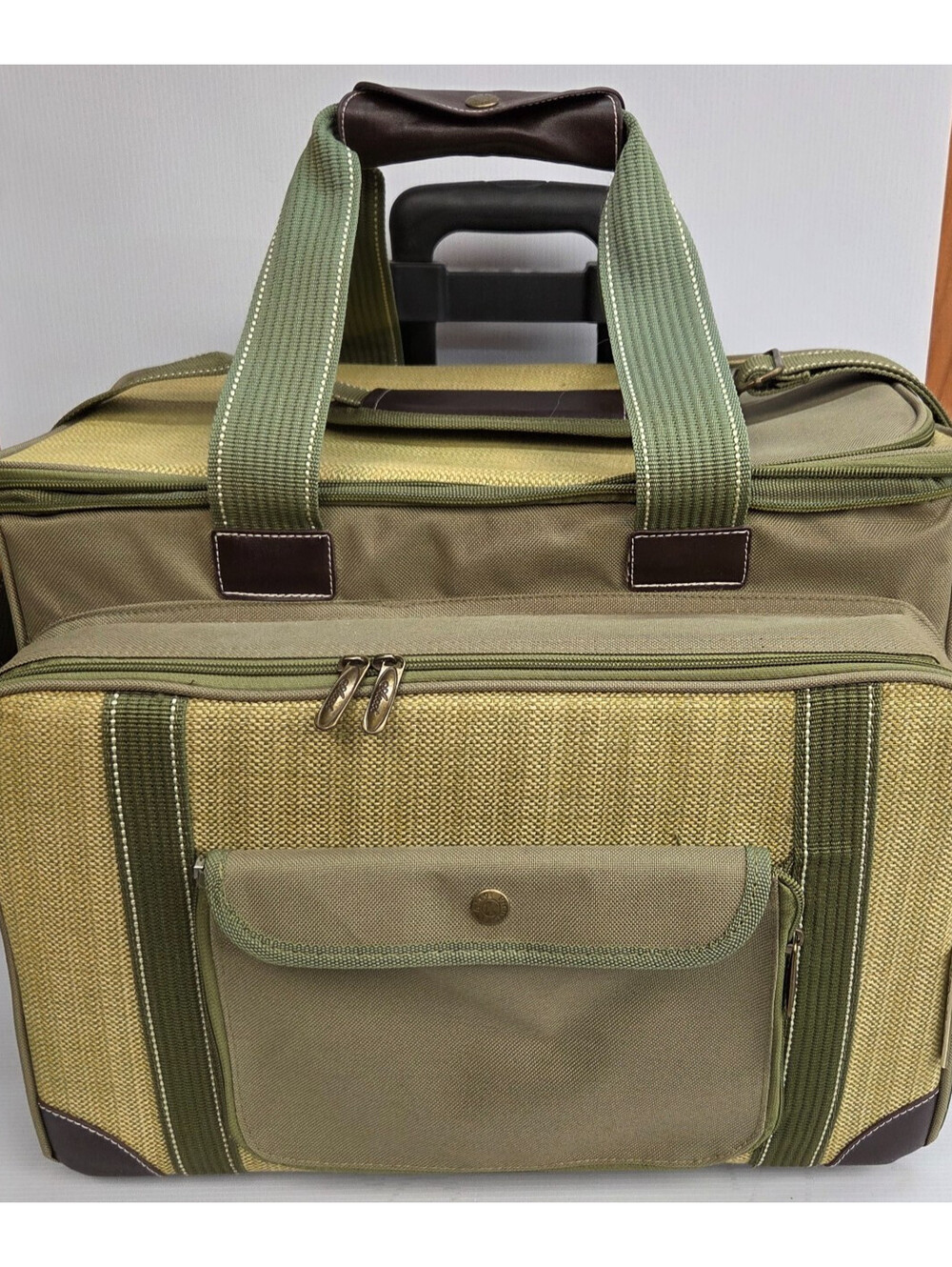 Ascot Rolling Picnic Basket Set for 4 Insulated Cooler Wine Service Complete